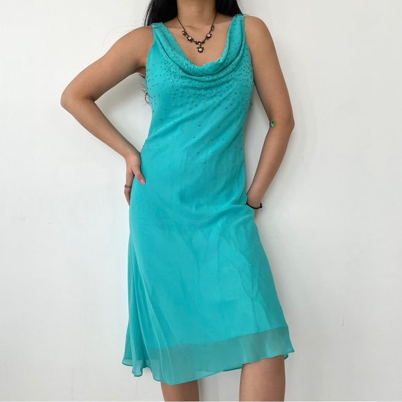 Vintage 1990s Chica’s USA Turquoise Beaded Cowl Neck Cocktail Dress - Large - Picture 4 of 4